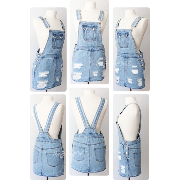Last ☝️Blue Denim Distressed Overall Skirt Dress - Picture 7 of 8